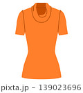 Orange short sleeve cowl neck top with draped neckline and fitted silhouette, soft folds shaping upper part and smooth structure. Technical fashion illustration front view. 139023696