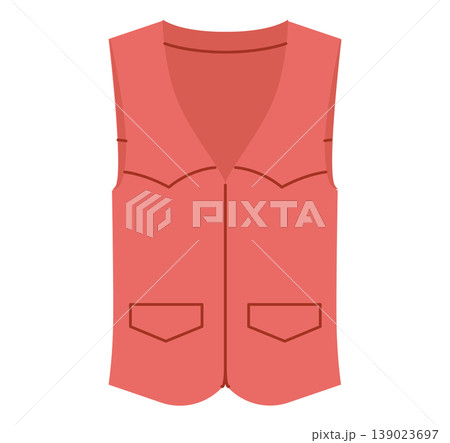 Red sleeveless vest with structured paneling and utility pocket details creating fitted silhouette with clean seams and modern functional design. Technical fashion illustration front view. Red sleeveless vest with structured paneling and utility pocket details creating fitted silhouette with clean seams and modern functional design. Technical fashion illustration front view. 139023697