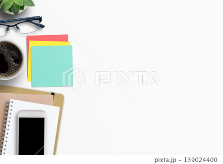 Office desk. Flat lay top view of laptop keyboard,sticky note with mug of coffee Office desk. Flat lay top view of laptop keyboard,sticky note with mug of coffee 139024400