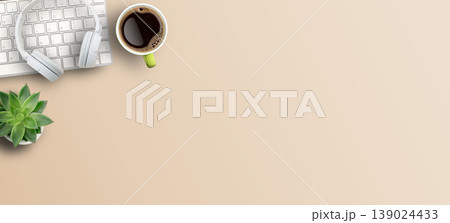 Top view with call center desktop,headset,coffee and accessories on brown background. Top view with call center desktop,headset,coffee and accessories on brown background. 139024433