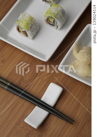 Fresh Sushi Selection Japanese Cuisine. Traditional Japanese Sushi Meal Presentation. 139024514