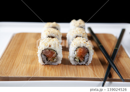 Fresh Sushi Selection Japanese Cuisine. Traditional Japanese Sushi Meal Presentation. Fresh Sushi Selection Japanese Cuisine. Traditional Japanese Sushi Meal Presentation. 139024526