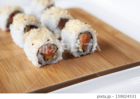 Fresh Sushi Selection Japanese Cuisine. Traditional Japanese Sushi Meal Presentation. Fresh Sushi Selection Japanese Cuisine. Traditional Japanese Sushi Meal Presentation. 139024531