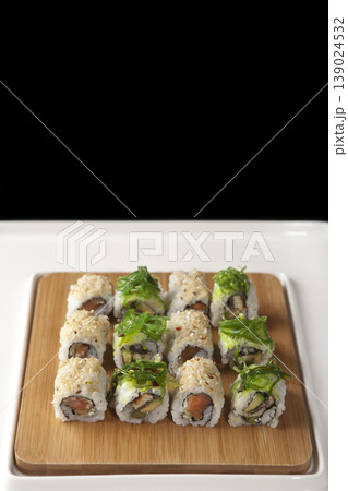 Fresh Sushi Selection Japanese Cuisine. Traditional Japanese Sushi Meal Presentation. Fresh Sushi Selection Japanese Cuisine. Traditional Japanese Sushi Meal Presentation. 139024532