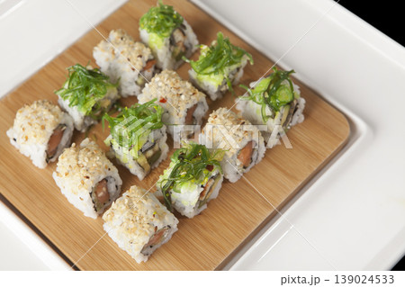 Fresh Sushi Selection Japanese Cuisine. Traditional Japanese Sushi Meal Presentation. 139024533