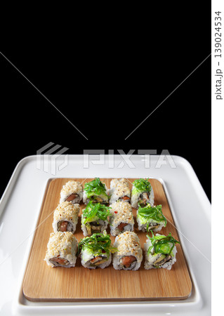 Fresh Sushi Selection Japanese Cuisine. Traditional Japanese Sushi Meal Presentation. Fresh Sushi Selection Japanese Cuisine. Traditional Japanese Sushi Meal Presentation. 139024534