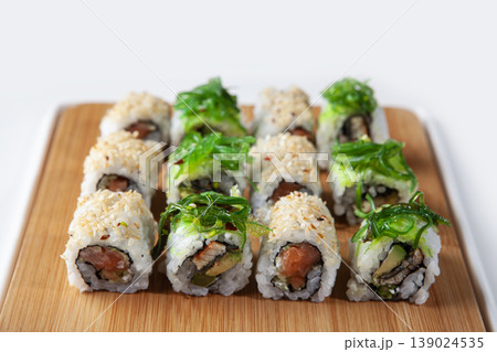 Fresh Sushi Selection Japanese Cuisine. Traditional Japanese Sushi Meal Presentation. Fresh Sushi Selection Japanese Cuisine. Traditional Japanese Sushi Meal Presentation. 139024535