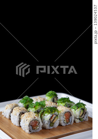 Fresh Sushi Selection Japanese Cuisine. Traditional Japanese Sushi Meal Presentation. 139024537