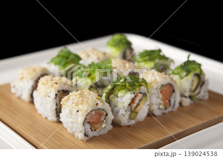 Fresh Sushi Selection Japanese Cuisine. Traditional Japanese Sushi Meal Presentation. Fresh Sushi Selection Japanese Cuisine. Traditional Japanese Sushi Meal Presentation. 139024538