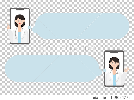 A set of vector illustrations featuring a female doctor conducting online consultations via smartphone, along with speech bubbles (pointing finger and OK sign). A set of vector illustrations featuring a female doctor conducting online consultations via smartphone, along with speech bubbles (pointing finger and OK sign). 139024772
