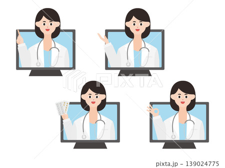 パソコンのオンライン診療の女医のベクターイラスト素材セット（右手） 139024775