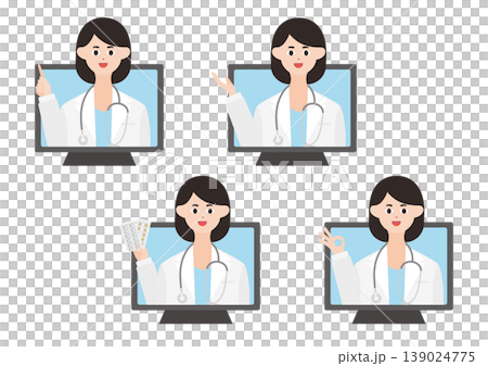 パソコンのオンライン診療の女医のベクターイラスト素材セット（右手） 139024775