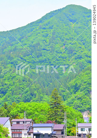 新緑の山景色　麓の民家　越後湯沢駅西口付近らの眺め　　 139024945