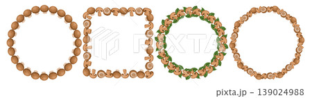 Champignon mushroom frame set vector food illustration. Hand drawn round wreath with fungi and basil leaves. Fresh organic ingredient for restaurant logo or menu design. Perfect for product packaging. 139024988