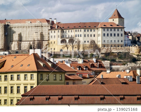 Bright Cityscape Scenes. Urban Landscape Showcasing Terracotta Roofs And Historic Castle Features 139025168