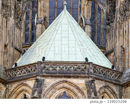 Gothic Style Stone Architectural Feature. Historic Landmark Showcasing Patina And Protective Architecture 139025206