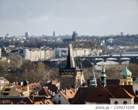 Scenic River Landscape. Bridge And Tower Cityscape. Waterfront View With Spires And Horizon Scenic River Landscape. Bridge And Tower Cityscape. Waterfront View With Spires And Horizon 139025209