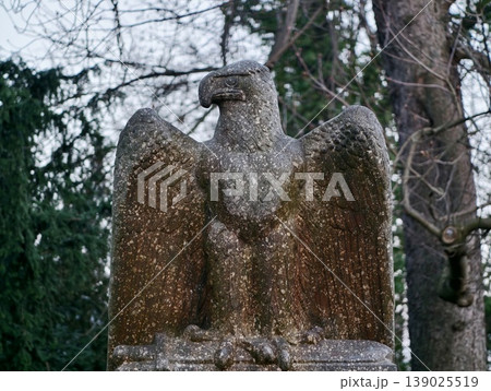 Mosscovered Eagle In Woods. Serene Mossy Forest Surrounds Worn Eagle Statue With Dark Shadows Mosscovered Eagle In Woods. Serene Mossy Forest Surrounds Worn Eagle Statue With Dark Shadows 139025519