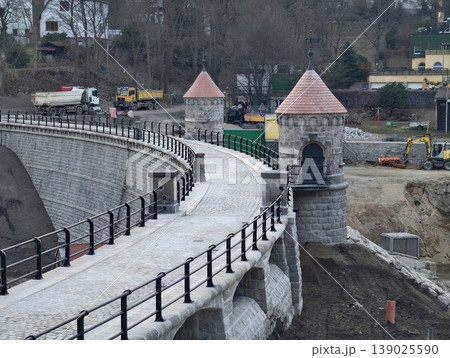 Curved Pedestrian Route Overlooking Broad River. Walkway Curving Past Turret With River View And Railing 139025590