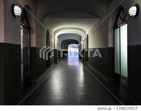 Stylish Vaulted Hallway Setting. Serene Indoor Passage With Soft Illumination And Distant Sunlight Stylish Vaulted Hallway Setting. Serene Indoor Passage With Soft Illumination And Distant Sunlight 139025657