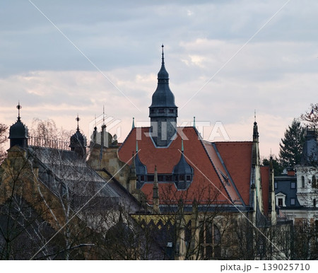 Scenic View Of Historic City Under Soft Evening Glow Showcasing Detailed Gables And Tower Structures Scenic View Of Historic City Under Soft Evening Glow Showcasing Detailed Gables And Tower Structures 139025710