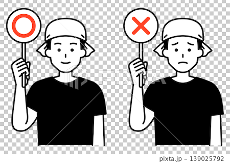 A male employee of an izakaya (Japanese pub) holding up a sign with a circle and cross mark. 139025792