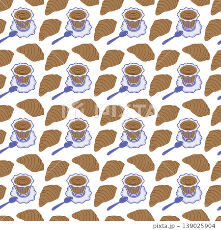Freehand Coffee cup on saucer in Mediterranean style and Croissant Seamless Pattern Coffee Backdrop. Isolated Vector illustration Coffee Day or International Croissant Day Promo Banner Background idea Freehand Coffee cup on saucer in Mediterranean style and Croissant Seamless Pattern Coffee Backdrop. Isolated Vector illustration Coffee Day or International Croissant Day Promo Banner Background idea 139025904