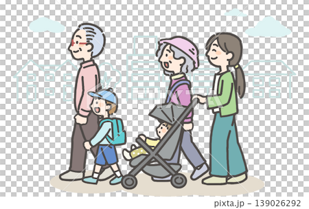 A mother pushing a baby in a stroller, an elderly couple and their child in town. A mother pushing a baby in a stroller, an elderly couple and their child in town. 139026292