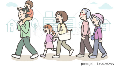 町中をお出かけする三世代家族 139026295