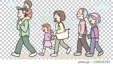 町中をお出かけする三世代家族 139026295