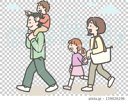 A family of four: young parents and their children out and about in town. A family of four: young parents and their children out and about in town. 139026296