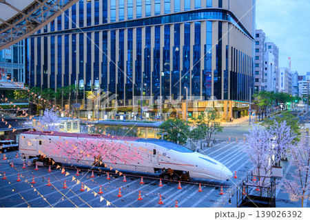 博多駅に展示された新幹線800系電車（｢つばめの大冒険｣）の写真素材