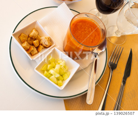 Gazpacho in glass spanish tomato based cold vegetable soup served with cucumbers Gazpacho in glass spanish tomato based cold vegetable soup served with cucumbers 139026507