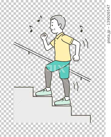 Illustration of a middle-aged man cheerfully climbing the stairs 139026547