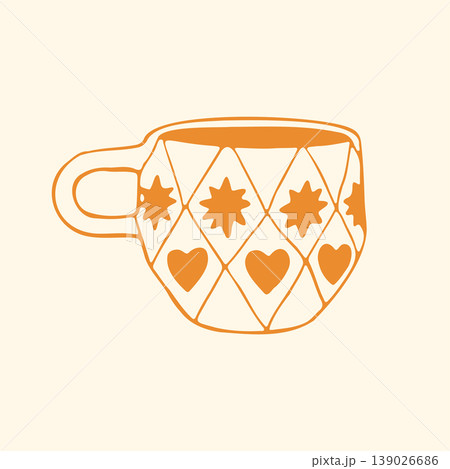 This vibrant yellow mug is adorned with a diamond harlequin pattern featuring small stars and hearts. The detailed hand drawn vector art brings a festive and romantic touch to drinkware illustrations This vibrant yellow mug is adorned with a diamond harlequin pattern featuring small stars and hearts. The detailed hand drawn vector art brings a festive and romantic touch to drinkware illustrations 139026686