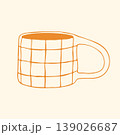 A classic yellow mug displays a hand drawn grid pattern and a large sturdy handle. The simple geometric design and warm colors make it a versatile asset for kitchen and lifestyle themed content 139026687
