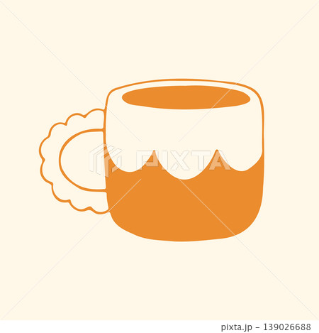 A minimalist yellow mug features a decorative scalloped handle and a clean two tone color block design. This elegant hand drawn illustration is perfect for kitchenware branding, social media graphic A minimalist yellow mug features a decorative scalloped handle and a clean two tone color block design. This elegant hand drawn illustration is perfect for kitchenware branding, social media graphic 139026688