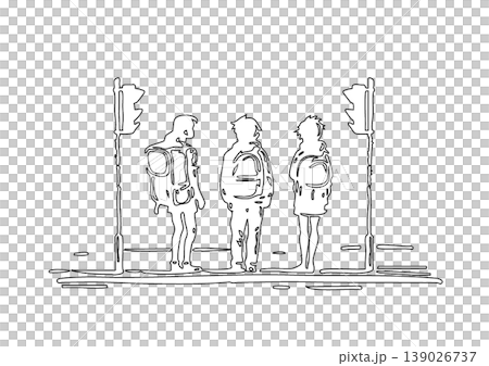 Traffic safety illustration depicting children waiting at a traffic light on their way to school. 139026737