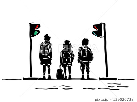 通学途中の子供たちが信号待ちする交通安全イラスト 139026738