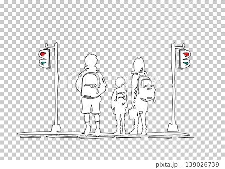 Traffic safety illustration depicting children waiting at a traffic light on their way to school. 139026739