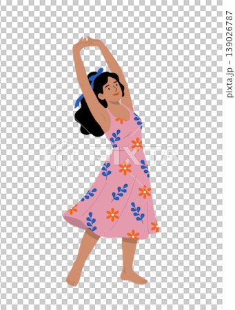 Cheerful Woman Stretching in Floral Summer Dress Flat Illustration Cheerful Woman Stretching in Floral Summer Dress Flat Illustration 139026787