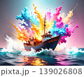 渦巻くネオンインクの海を進む漁船ダイナミックアート 139026808