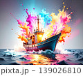 ドラマチックな光とインク飛沫の中を進む漁船アート 139026810