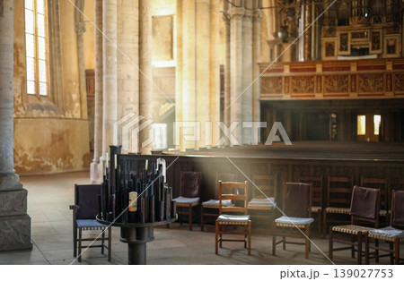 Historic Church Interior With Sunlight Ray And Wooden Chair Architecture 139027753