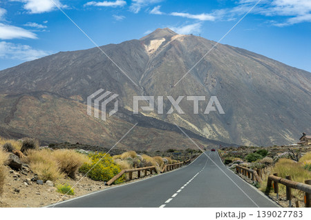 Scenic Mountain Volcano Landscape With Open Asphalt Road Under Blue Sky 139027783