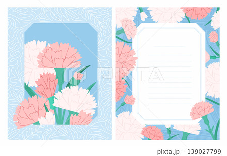 Pink carnation bouquet with botanical frame for greeting card 139027799