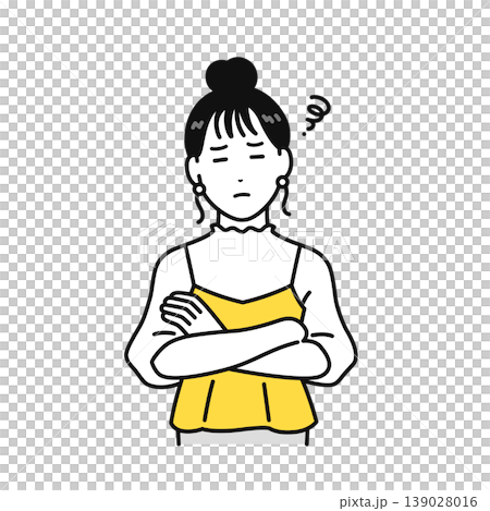 插圖描繪了一位年輕女子,她雙臂交叉在胸前,頭微微側傾,頭髮扎了起來。 插圖描繪了一位年輕女子,她雙臂交叉在胸前,頭微微側傾,頭髮扎了起來。 139028016
