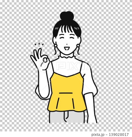 插圖:一位年輕女子頭髮紮起來,微笑地比出「OK」手勢。 插圖:一位年輕女子頭髮紮起來,微笑地比出「OK」手勢。 139028017