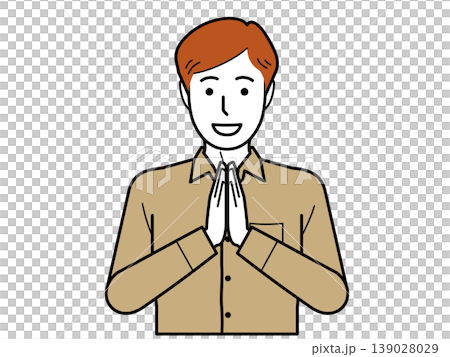 正面向き。いただきますと手を合わせるワイシャツを着た若い男性。その2 139028029