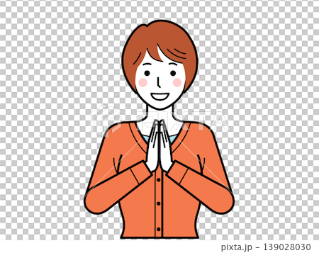 正面向き。いただきますと手を合わせるカーディガンを着た若い女性。その2 正面向き。いただきますと手を合わせるカーディガンを着た若い女性。その2 139028030